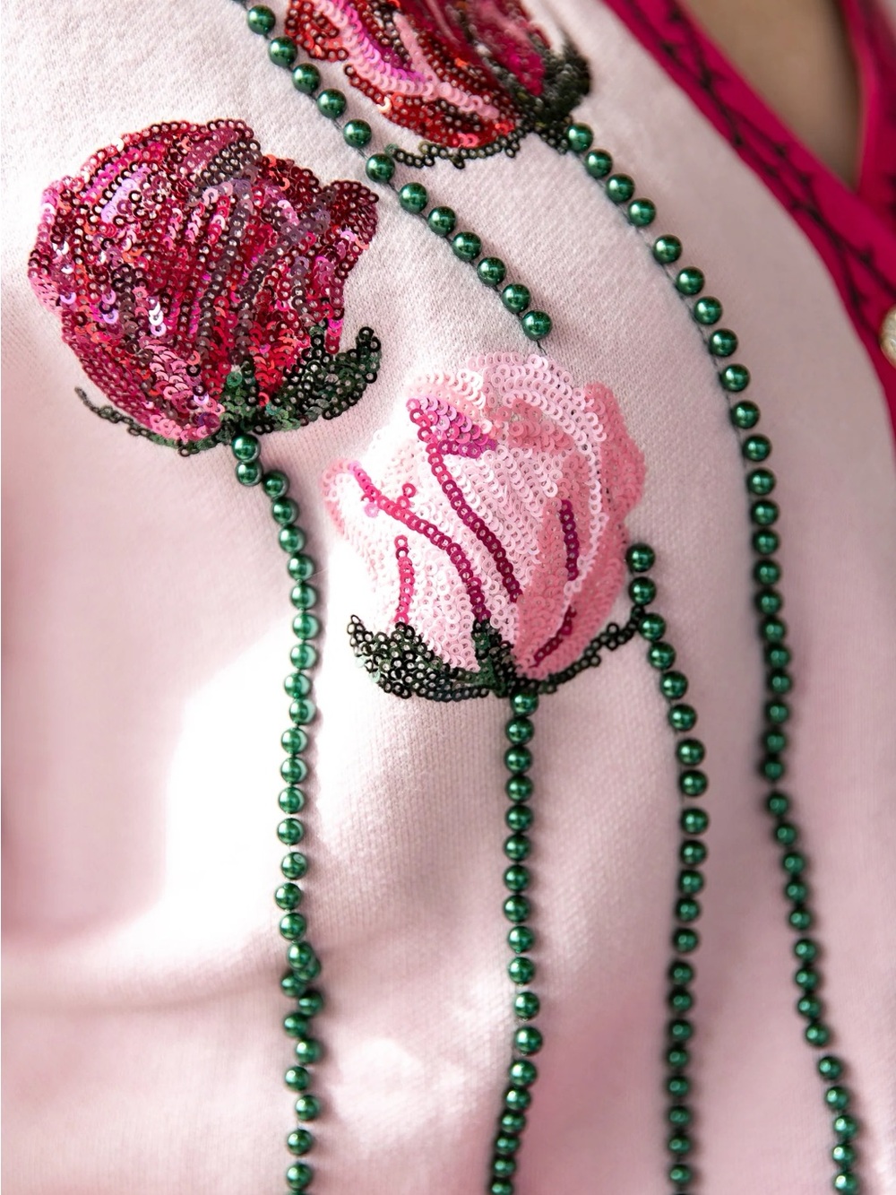 QUEEN OF SPARKLES Long Stem Roses Pink Floral Button Cardigan - Picture 4 of 12